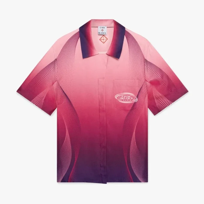 Auberginefarget silke-skjorte med kubansk krage og korte ermer