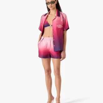 Auberginefarget silke-skjorte med kubansk krage og korte ermer