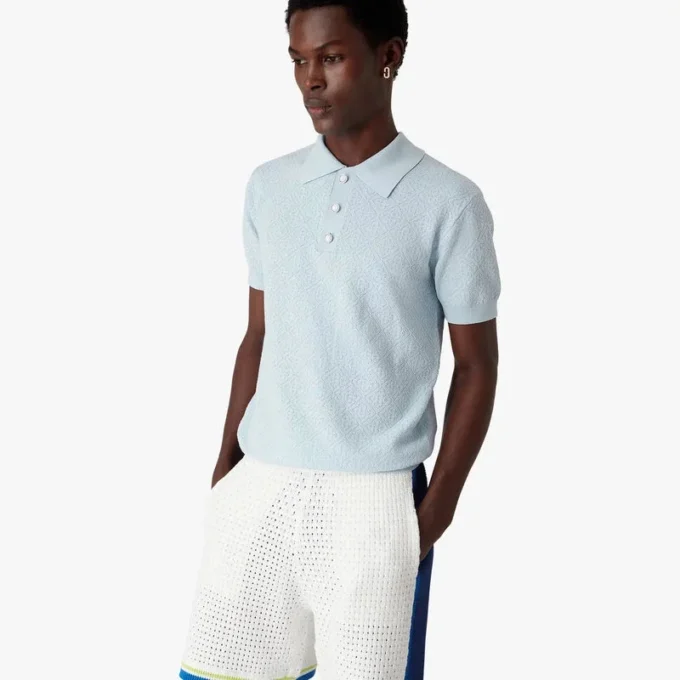 Blå kortærmet Pointelle-monogram-pique-skjorte