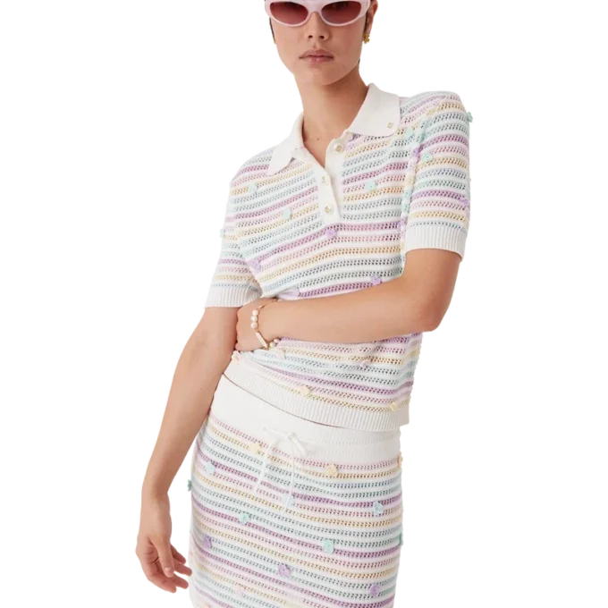 Blomsterstripet bomullspique-skjorte i heklet stoff