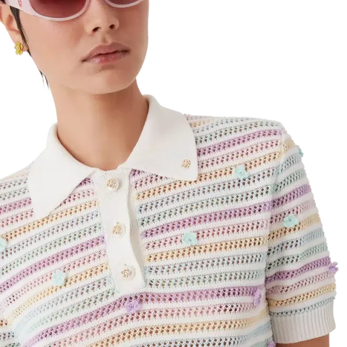 Blomsterstripet bomullspique-skjorte i heklet stoff