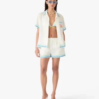 Blomstret kortærmet silkeshorts med kubansk krage