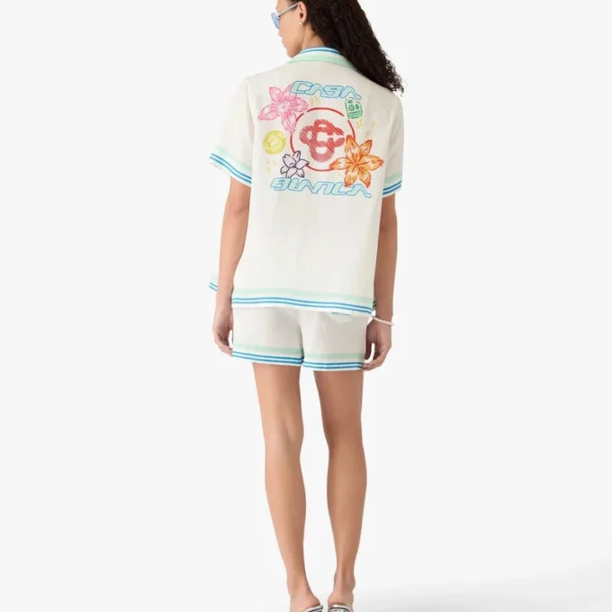 Blomstret kortærmet silkeshorts med kubansk krage