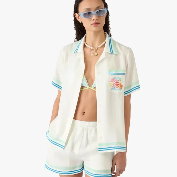 Blomstret kortærmet silkeshorts med kubansk krage