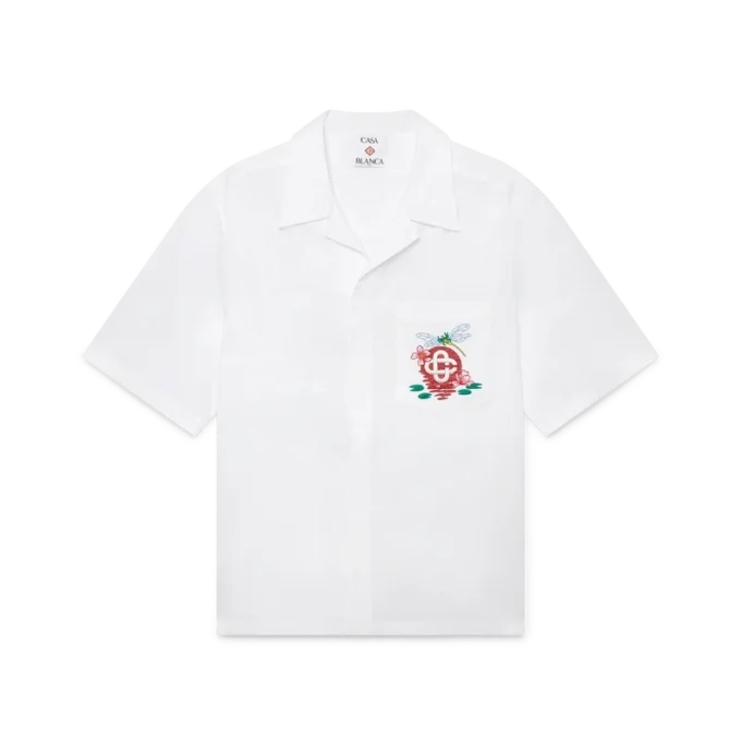 Bomullspoplin-skjorte med broderi og korte ermer