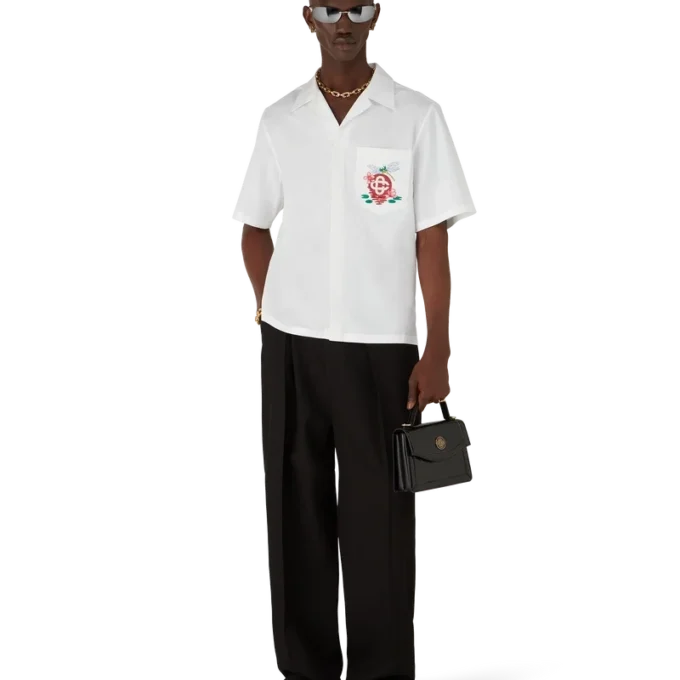 Bomullspoplin-skjorte med broderi og korte ermer