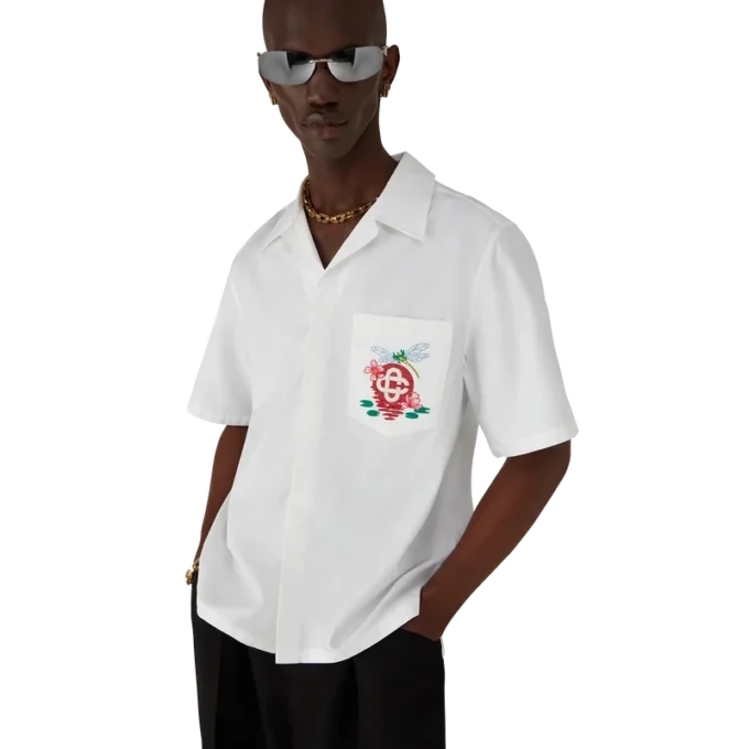 Bomullspoplin-skjorte med broderi og korte ermer
