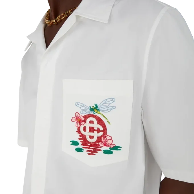 Bomullspoplin-skjorte med broderi og korte ermer