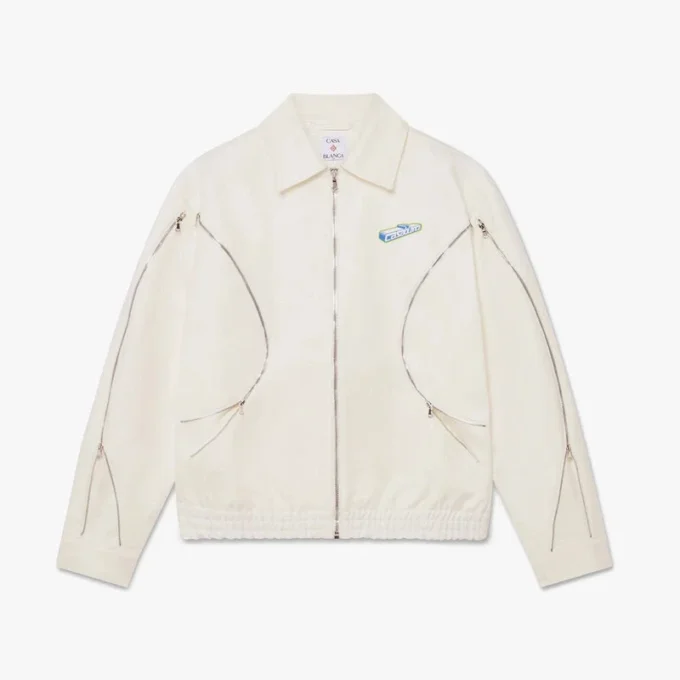 Hvit bomullsdrilljakke med glidelås