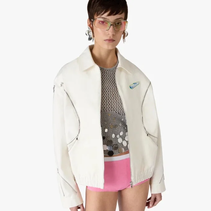 Hvit bomullsdrilljakke med glidelås