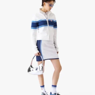 Hvit og blå stripet bomberjakke i mesh