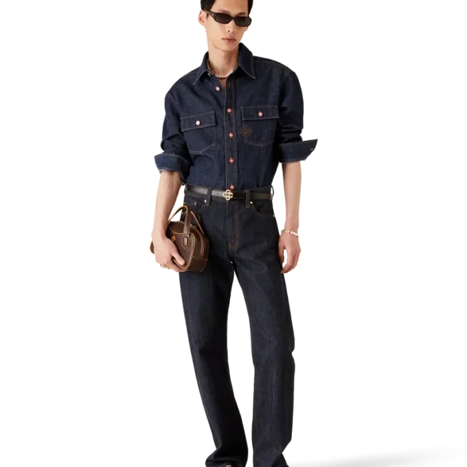 Kortærmet denimshort med brodert logo