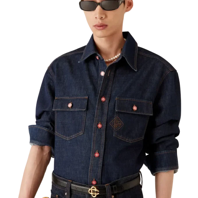 Kortærmet denimshort med brodert logo