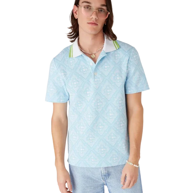 Lysblå jacquard-pique-skjorte med korte ermer