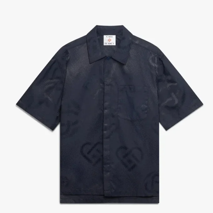 Marineblå kortærmet skjorte med halvtonet monogram
