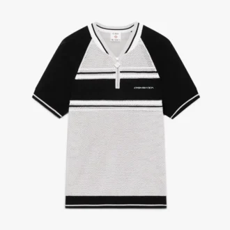 Polo-skjorte med korte ermer, glidelås og metalliske mesh-striper på shortsen