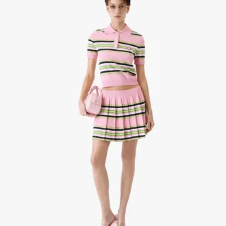 Rosa og grønn stripete, tettsittende pique-skjorte