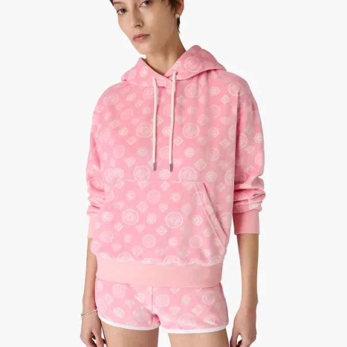 Rosa velour-hettegenser med monogram
