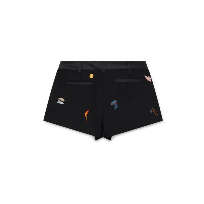 Skreddersydde shorts i ull med brodert motiv